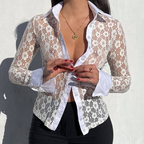 Lace Shirt Button Long Sleeve Casual