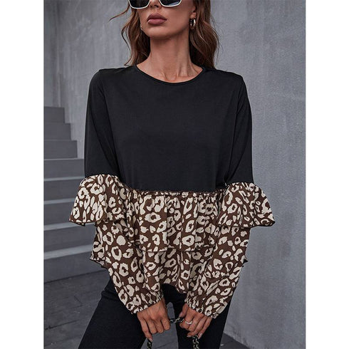 Women's Round Neck Women's Top Black Panel Leopard Print Long Sleeve