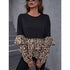 Women's Round Neck Women's Top Black Panel Leopard Print Long Sleeve