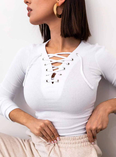 Solid Color Long Sleeve V-neck Slim Knit