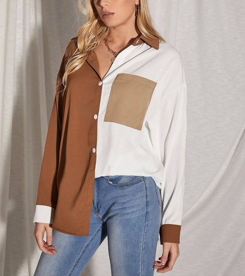 Contrast Stitching Top Pocket Long-Sleeved Chiffon Shirt