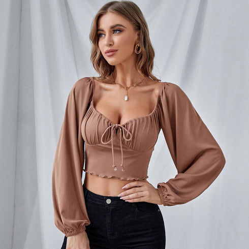 Lantern Sleeves Top Drawstring Knit Long Sleeves With Wooden Ears