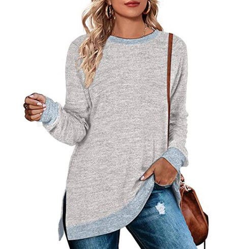 Long Sleeve Round Neck Multicolor Split Top Loose Leisure Pullover T-shirt
