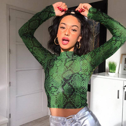 Women's Long Sleeve Round Neck Short Snake Printed Top