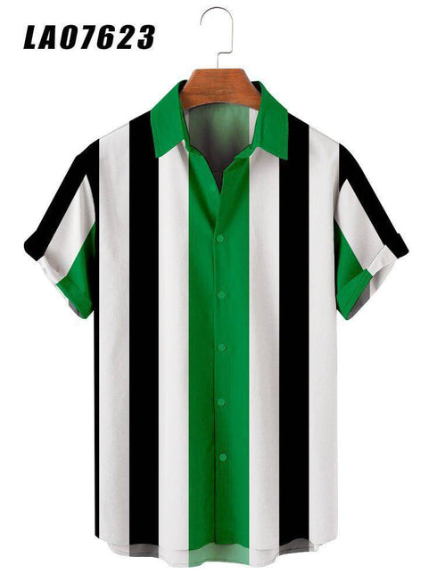 Summer Short Sleeve Shirt Striped Digital Print Men's Top