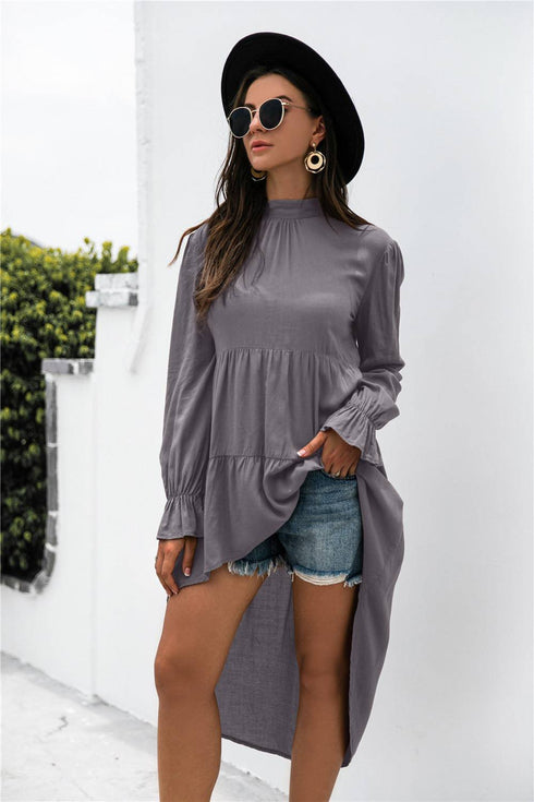 Solid Asymmetrical Patch Pleated Dress
