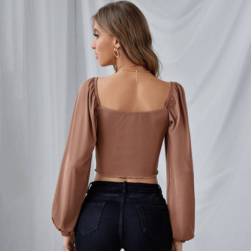Lantern Sleeves Top Drawstring Knit Long Sleeves With Wooden Ears
