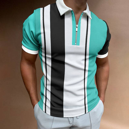 Men's Polo Shirt Lapel Casual Short Khaki Striped T-Shirt
