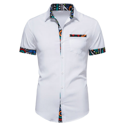 Men's Print Stitching Design Short Sleeve Button Shirt