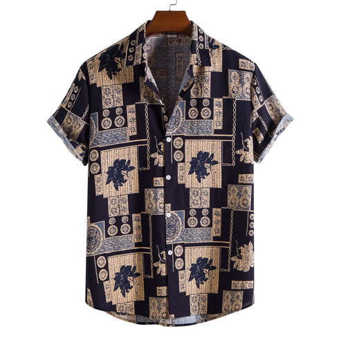 New Men's Fashion Trend Cotton Linen Printed Short Sleeve Shirt