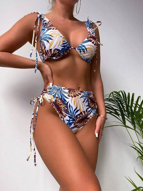 Underwire Maple Leaf Print High Waist Split Swimsuit