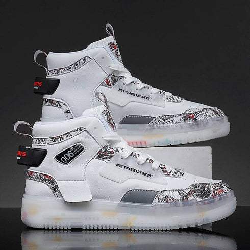 Men's Shoes Popcorn Soft Sole Comfortable High Top Flat Small White