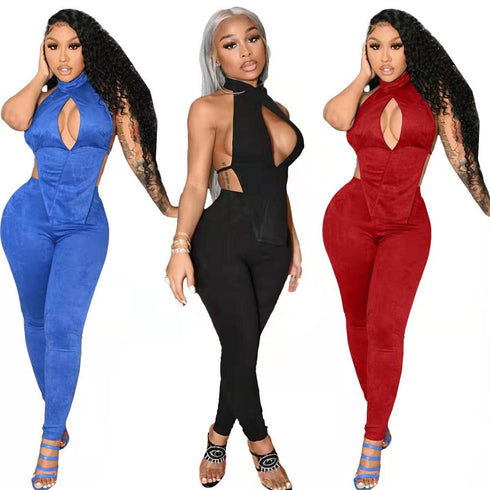 Women's Fashion Solid Color Backless Two-piece Suit
