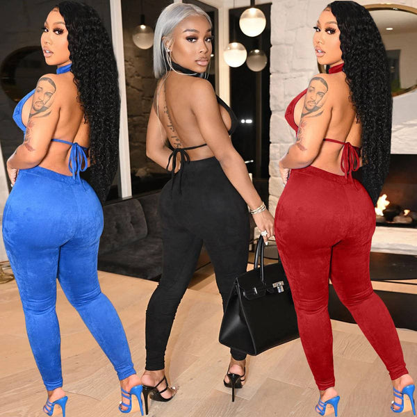 Women's Fashion Solid Color Backless Two-piece Suit