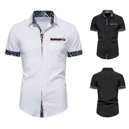 Men's Print Stitching Design Short Sleeve Button Shirt