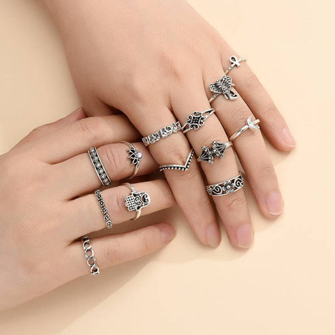 Fashion Retro Rings Geometric Hollow Flower Moon