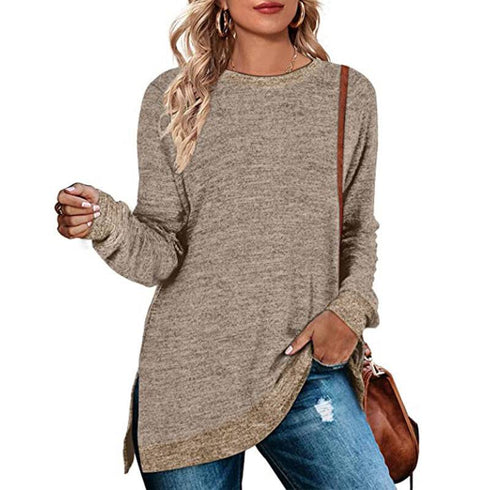 Long Sleeve Round Neck Multicolor Split Top Loose Leisure Pullover T-shirt
