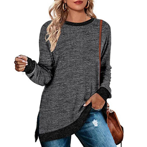 Long Sleeve Round Neck Multicolor Split Top Loose Leisure Pullover T-shirt