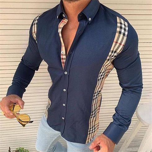 Men's Summer Casual Slim Fashion Long-sleeved Printed Plaid Shirt