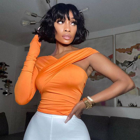 One-shoulder Solid Color Off-the-shoulder V-neck Top