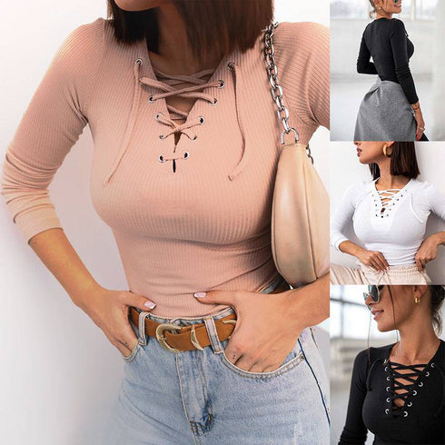 Solid Color Long Sleeve V-neck Slim Knit