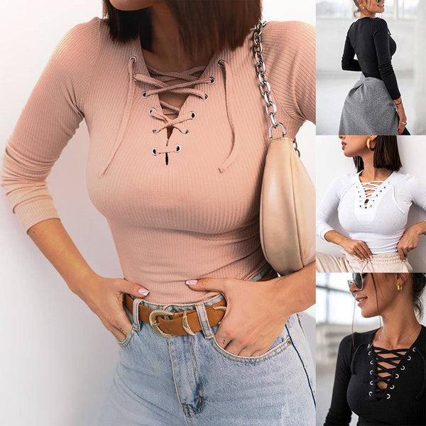 Solid Color Long Sleeve V-neck Slim Knit