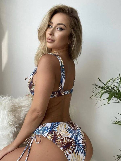 Underwire Maple Leaf Print High Waist Split Swimsuit