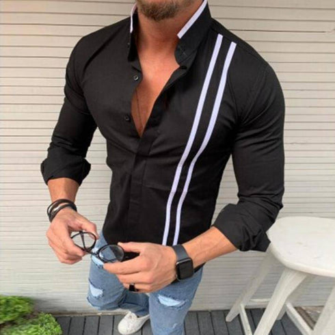 Long-sleeved Men's Shirt With Tie-in contrast Stand Collar Button