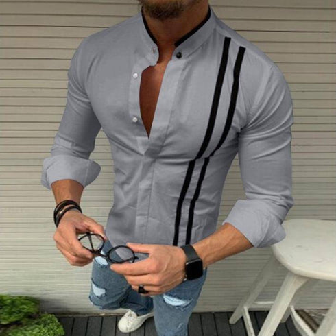 Long-sleeved Men's Shirt With Tie-in contrast Stand Collar Button