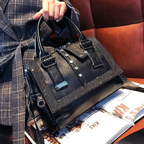 Soft Leather Handbag Large-capacity Cowhide Hot Rhinestone
