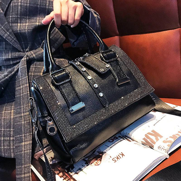 Soft Leather Handbag Large-capacity Cowhide Hot Rhinestone