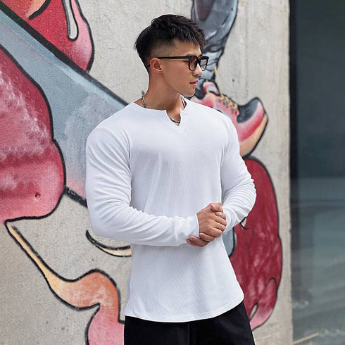 Men's Solid V-Shaped Crew Neck Long Sleeve T-Shirt