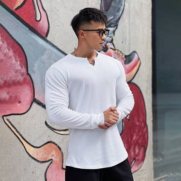 Men's Solid V-Shaped Crew Neck Long Sleeve T-Shirt