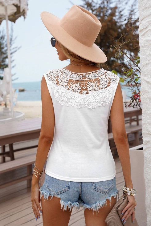 Split Neck Crochet Patchwork Tank Top - EsaModa