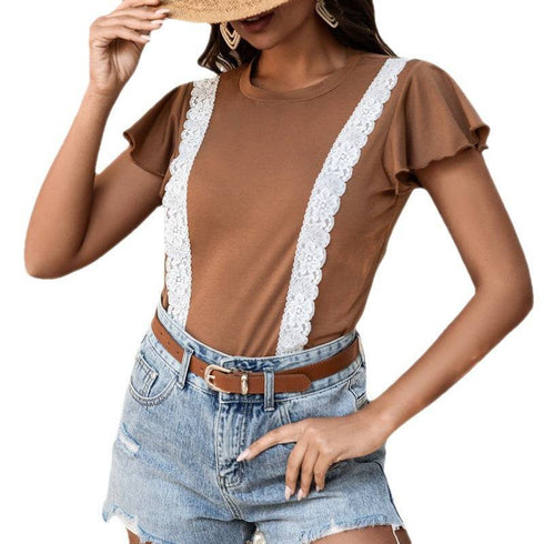 Women's Solid Color Stitching Lace Lace Ruffled Short-sleeved T-shirt
