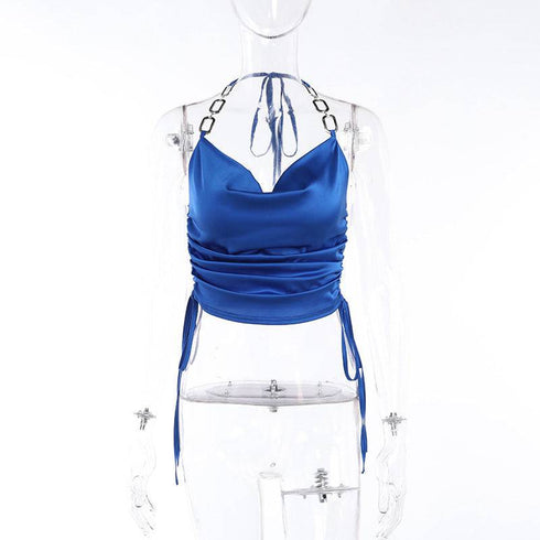 Women's Metal Ring Chain Satin Halter Top