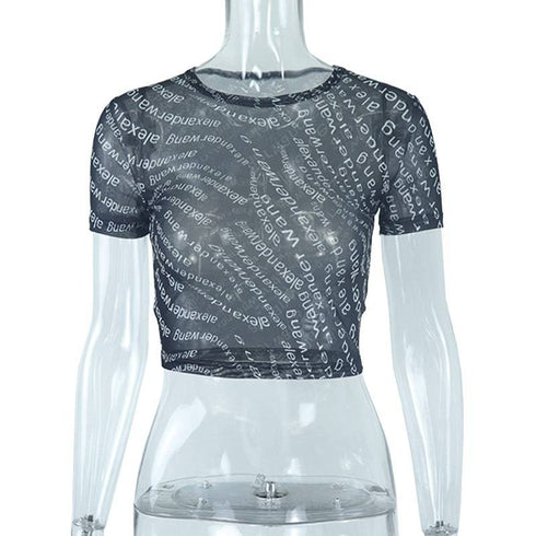 Women's Crew Neck Mesh Perspective Digital Print Short T-Shirt Top