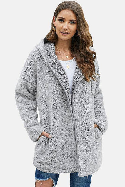 Button Front Hooded Teddy Coat - EsaModa