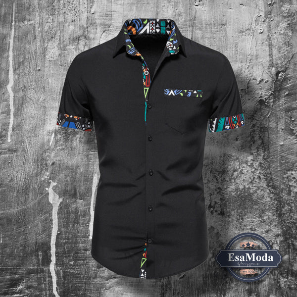 Men's Print Stitching Design Short Sleeve Button Shirt
