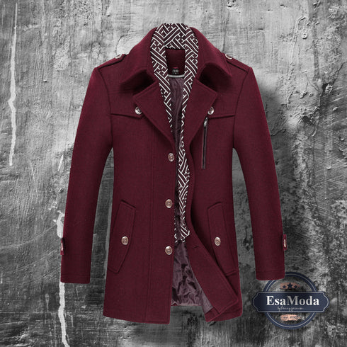 Men's Woolen Overcoat Medium Length Scarf Collar Cotton
