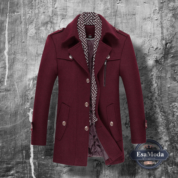 Men's Woolen Overcoat Medium Length Scarf Collar Cotton