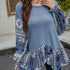 Women's Blue Color Mid-length Round Neck Loose Long Sleeves T-shirt Top