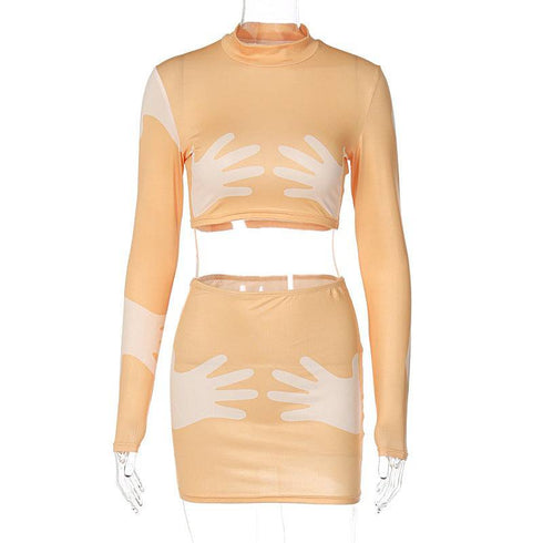 Fashion Print Crop Long Sleeve Top Slim Short Style Skirt Suit