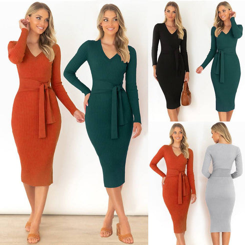 Women's Long Sleeve V-Neck Slim Dress
