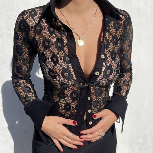 Lace Shirt Button Long Sleeve Casual