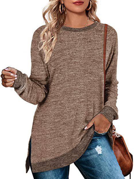 Long Sleeve Round Neck Multicolor Split Top Loose Leisure Pullover T-shirt