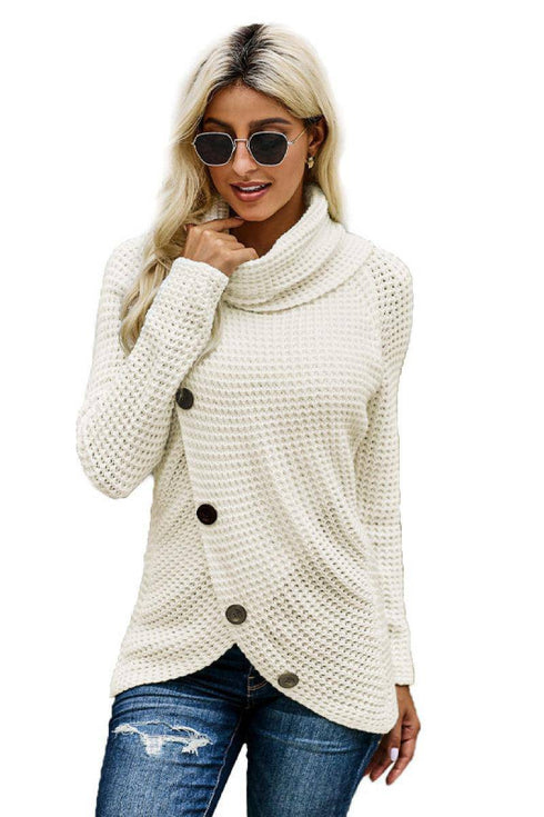 Button Wrap Turtleneck Sweater - EsaModa