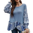 Women's Blue Color Mid-length Round Neck Loose Long Sleeves T-shirt Top