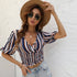 Striped Waist Slim Slimming Short-Sleeved V-Neck Blouse