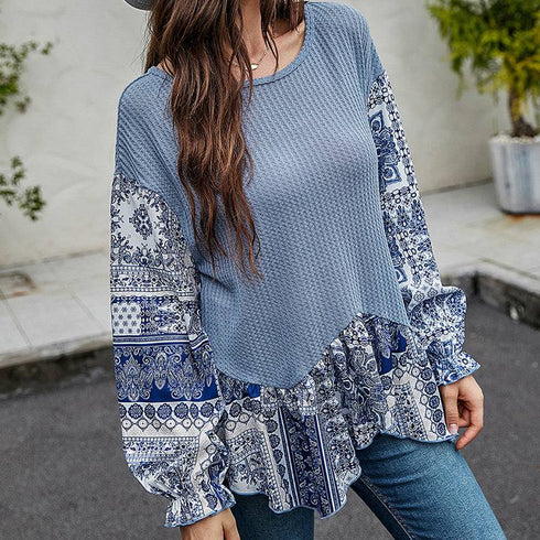 Women's Blue Color Mid-length Round Neck Loose Long Sleeves T-shirt Top